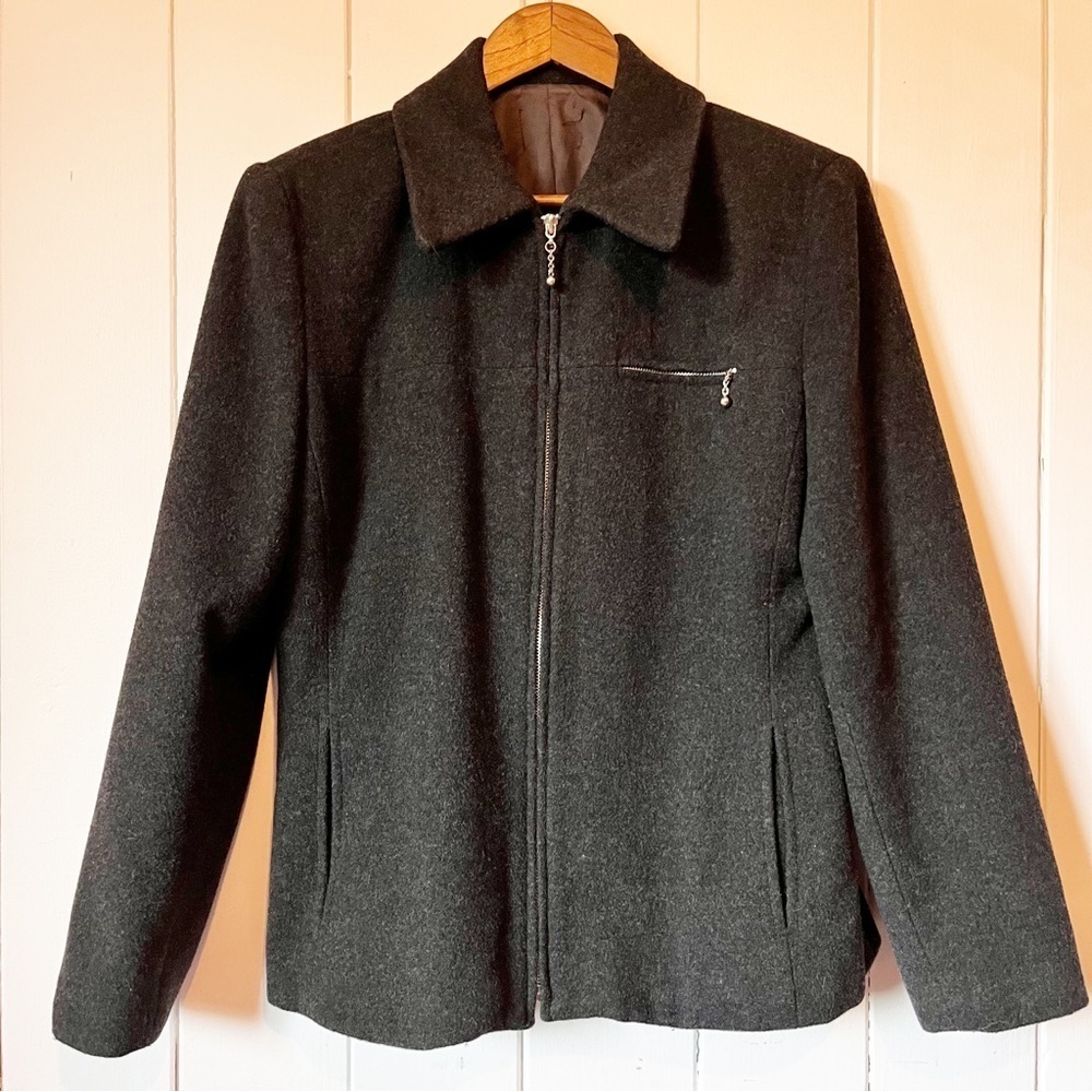 Dark Grey Wool Blazer. Front Zipper Pocket. Size 10.